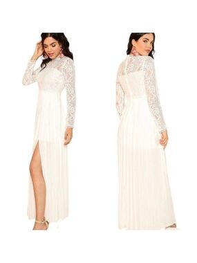 SHEIN White Cotton Nylon Blend Pleated Wedding Dress w/ Lace Bodice & Sleeves S